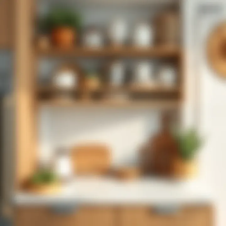 A beautifully organized kitchen shelf showcasing various materials and textures