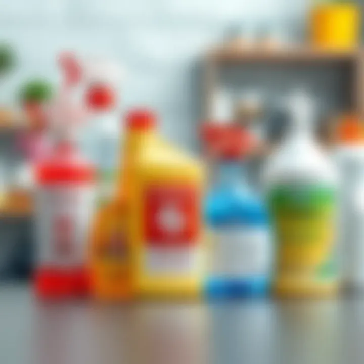Chemical cleaning solutions neatly displayed with safety instructions