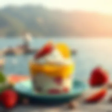 Colorful dessert made with natural ingredients by a lake