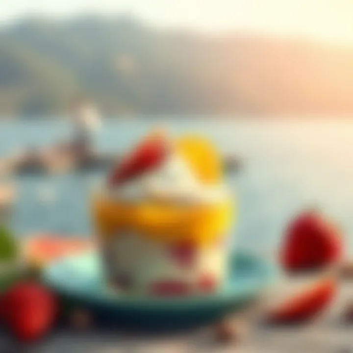 Colorful dessert made with natural ingredients by a lake