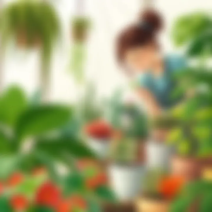 A gardener nurturing a variety of indoor plants with care.