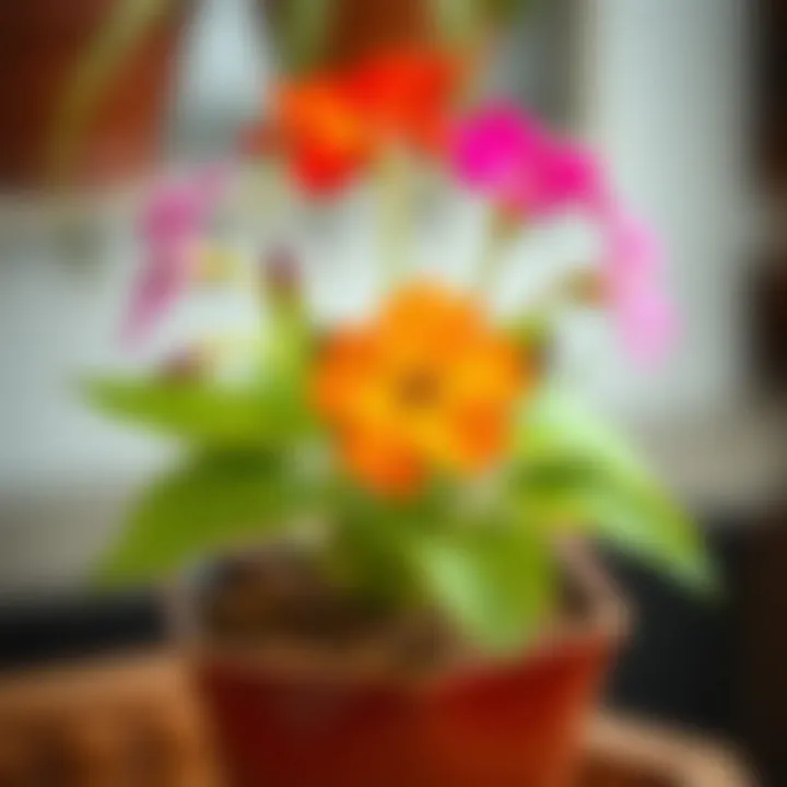 Close-up of a vibrant flowering plant thriving in a stylish pot.
