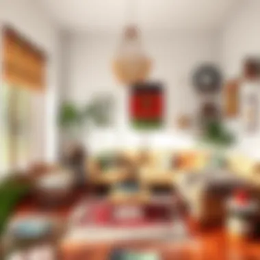 A bohemian living room adorned with colorful textiles and eclectic decor.