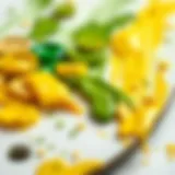 A vibrant blend of yellow and green paints on a palette