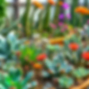 A serene garden scene with various succulent and flowering species thriving