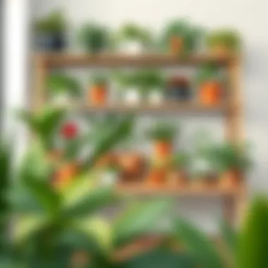 Organized Display of Potted Indoor Plants A well-organized shelf displaying various potted indoor plants.