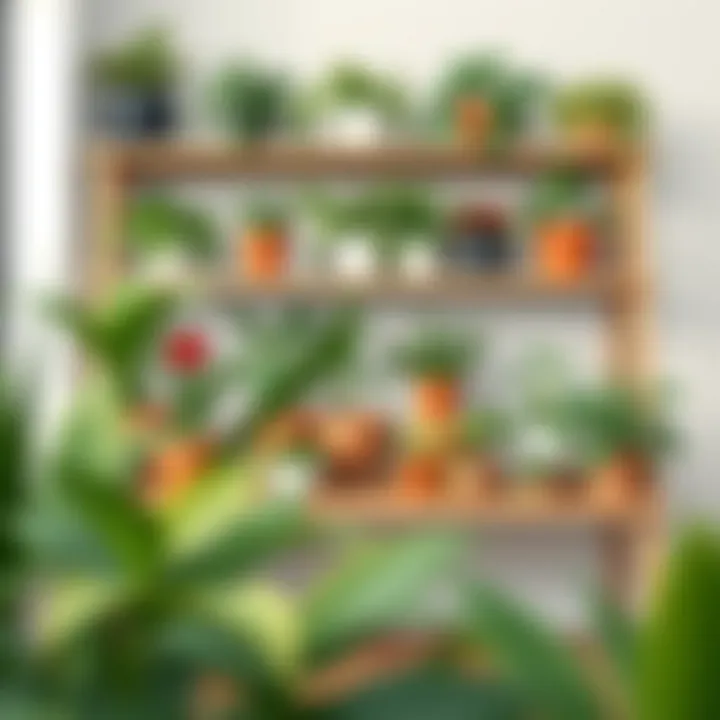 Organized Display of Potted Indoor Plants A well-organized shelf displaying various potted indoor plants.