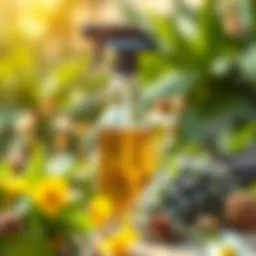 A natural mosquito repellent solution in a spray bottle surrounded by herbs