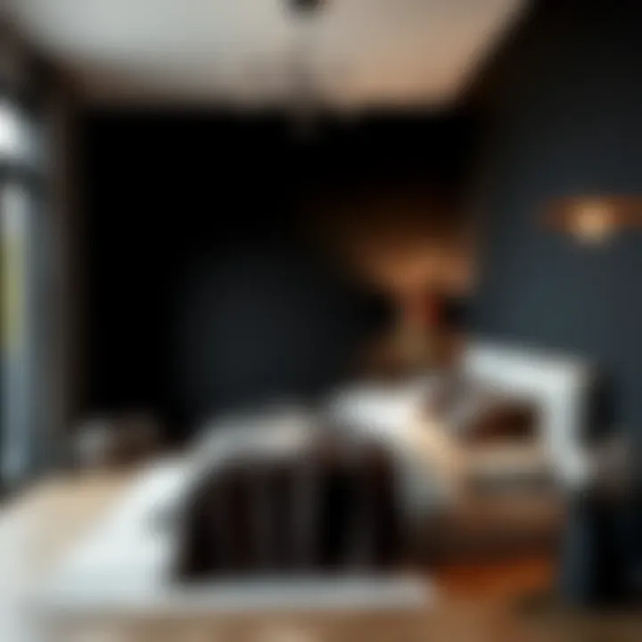 Black matte wall enhancing a cozy bedroom atmosphere