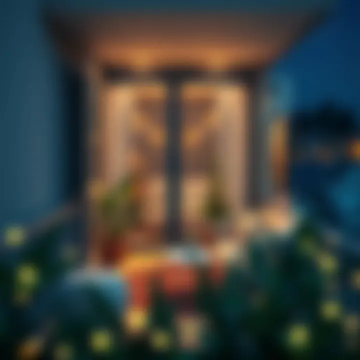 Stylish small balcony with modern furniture and decorative lights.