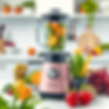 A powerful blender on a kitchen counter surrounded by healthy ingredients