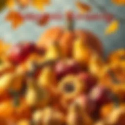 A vibrant assortment of autumn fruits including apples, pears, and pumpkins