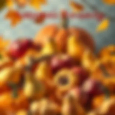 A vibrant assortment of autumn fruits including apples, pears, and pumpkins