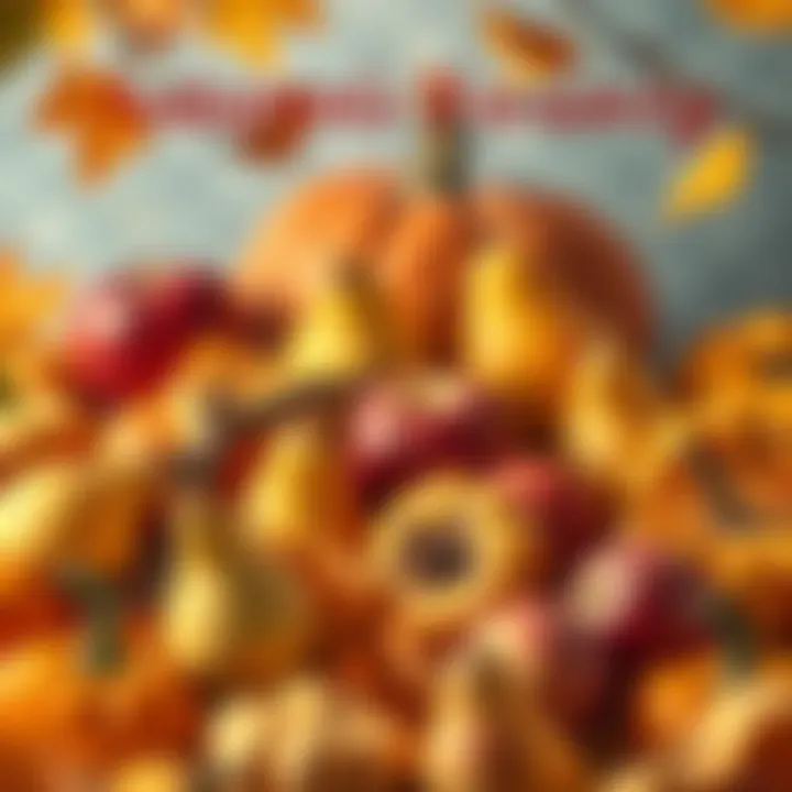 A vibrant assortment of autumn fruits including apples, pears, and pumpkins