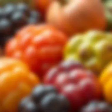 Close-up of ripe seasonal fruits showcasing their textures and colors.
