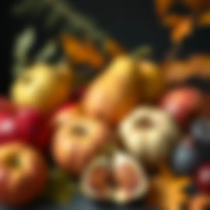 A vibrant assortment of autumn fruits including apples, pears, and figs.