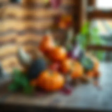 An artistic arrangement of colorful autumn produce on a wooden table.