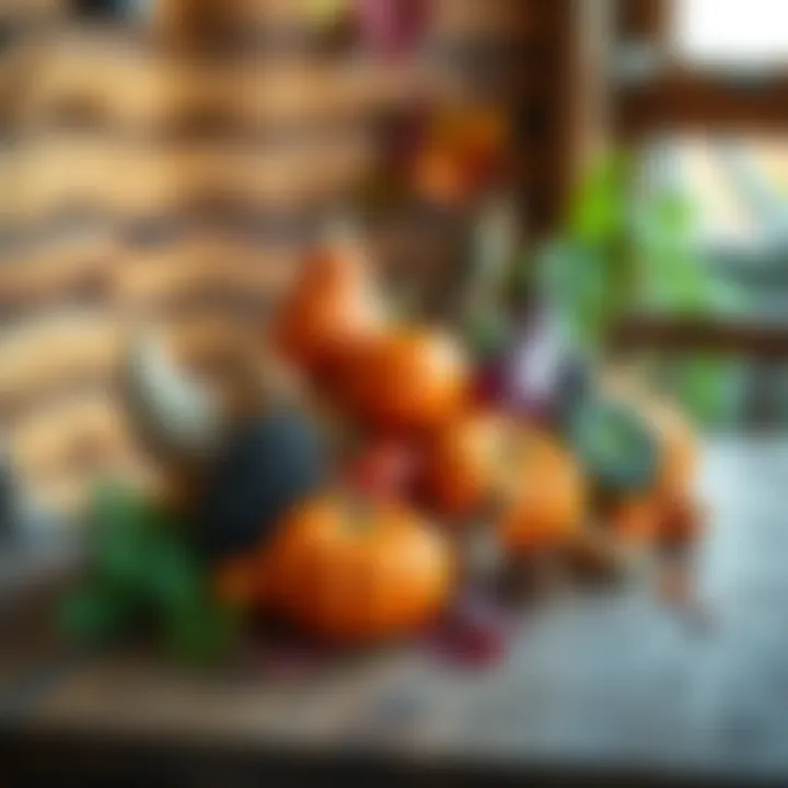 An artistic arrangement of colorful autumn produce on a wooden table.