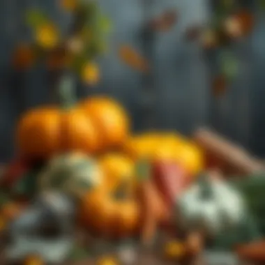 A rustic display of seasonal vegetables such as pumpkins, squash, and carrots.