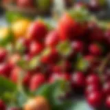 A vibrant display of spring fruits such as strawberries and cherries.