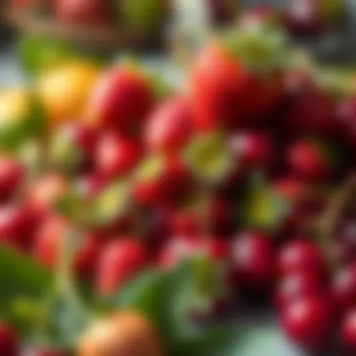 A vibrant display of spring fruits such as strawberries and cherries.