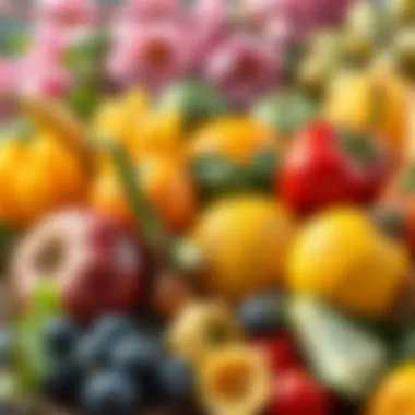 Nature's Palette in Spring Artistic arrangement of spring fruits and vegetables showcasing nature's palette.