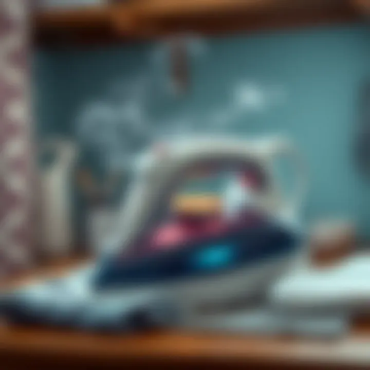 Close-up of an iron with steam, ready for ironing a t-shirt.