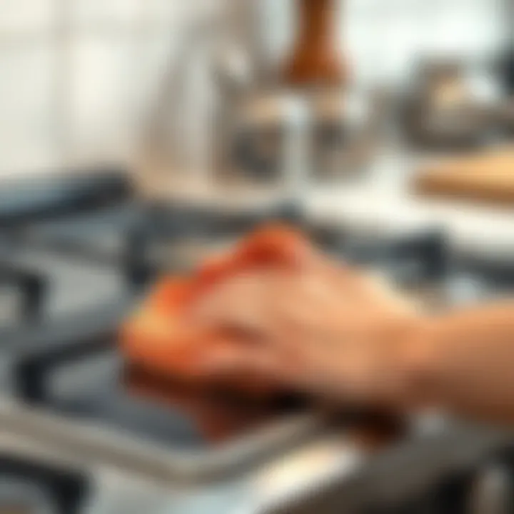 Close-up of scrubbing technique on stovetop