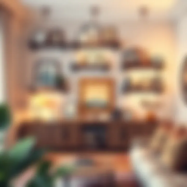 Stylish interior showcasing unique wall shelves with artwork