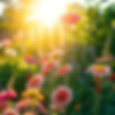 Sunlit garden scene with a variety of lush flowers
