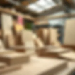 Various types of particle board displayed in a workshop setting