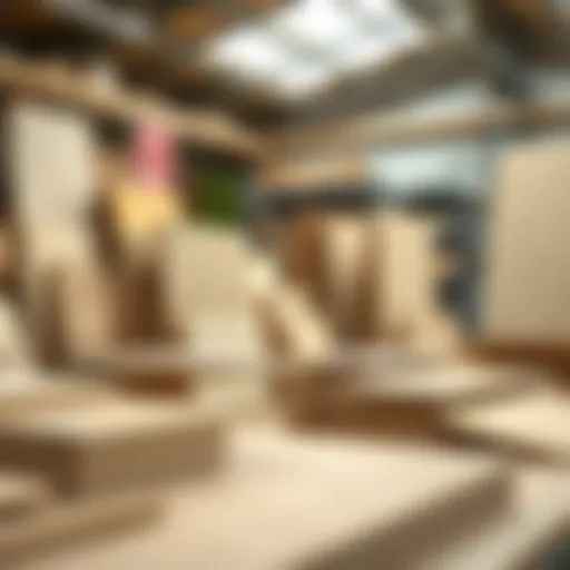 Various types of particle board displayed in a workshop setting