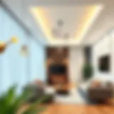 Modern Living Room with Suspended Ceiling A modern living room with a stylish suspended ceiling