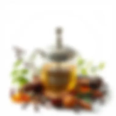 A decorative tea infuser surrounded by herbs and spices, symbolizing flavor enhancement.