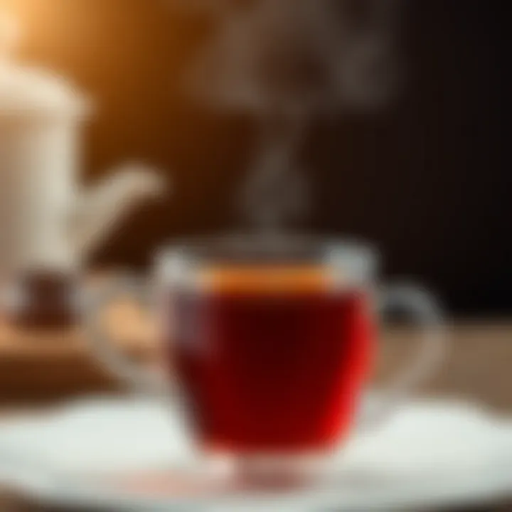 A close-up of a steaming cup of tea, emphasizing its rich color and inviting aroma.