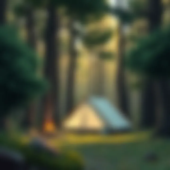 A serene campsite nestled in the woods with a tent pitched under the trees