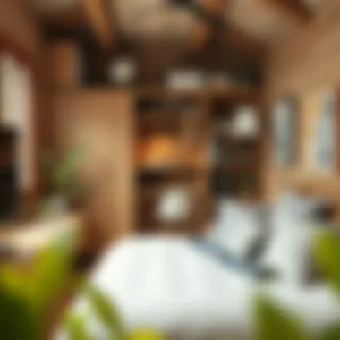 Stylishly organized tiny bedroom with multifunctional furniture