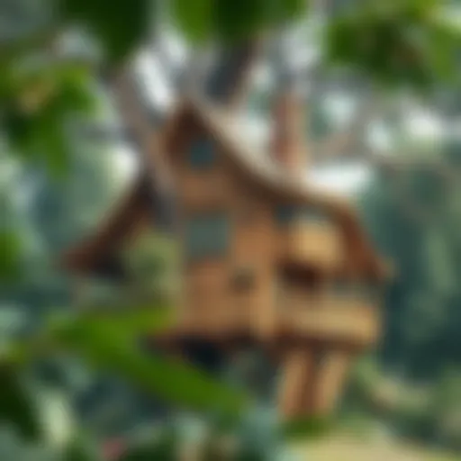 Stunning Wooden Treehouse A stunning wooden treehouse nestled among lush greenery