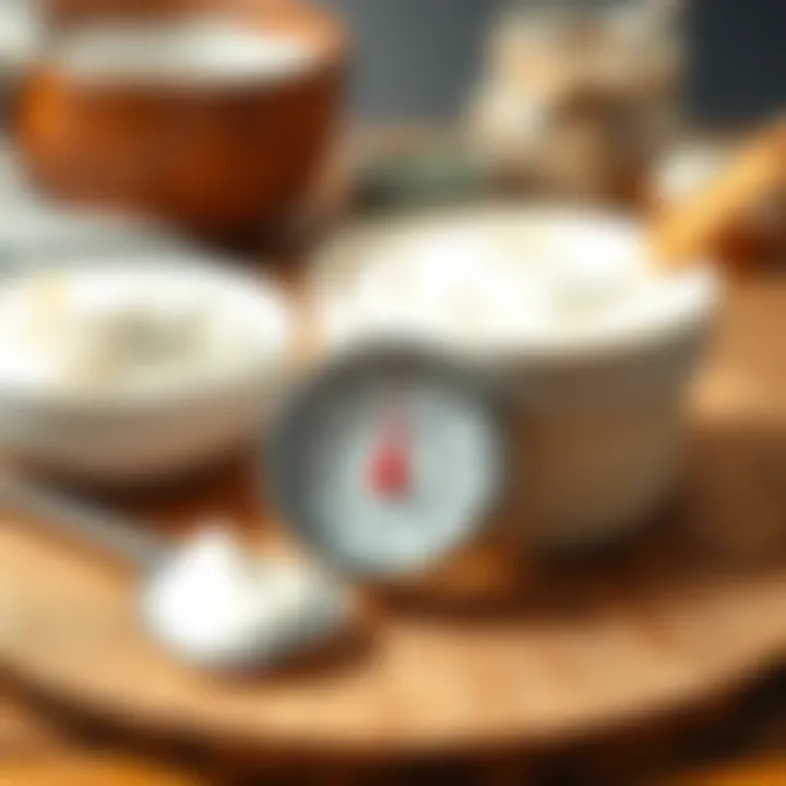 A thermometer measuring temperature near yogurt